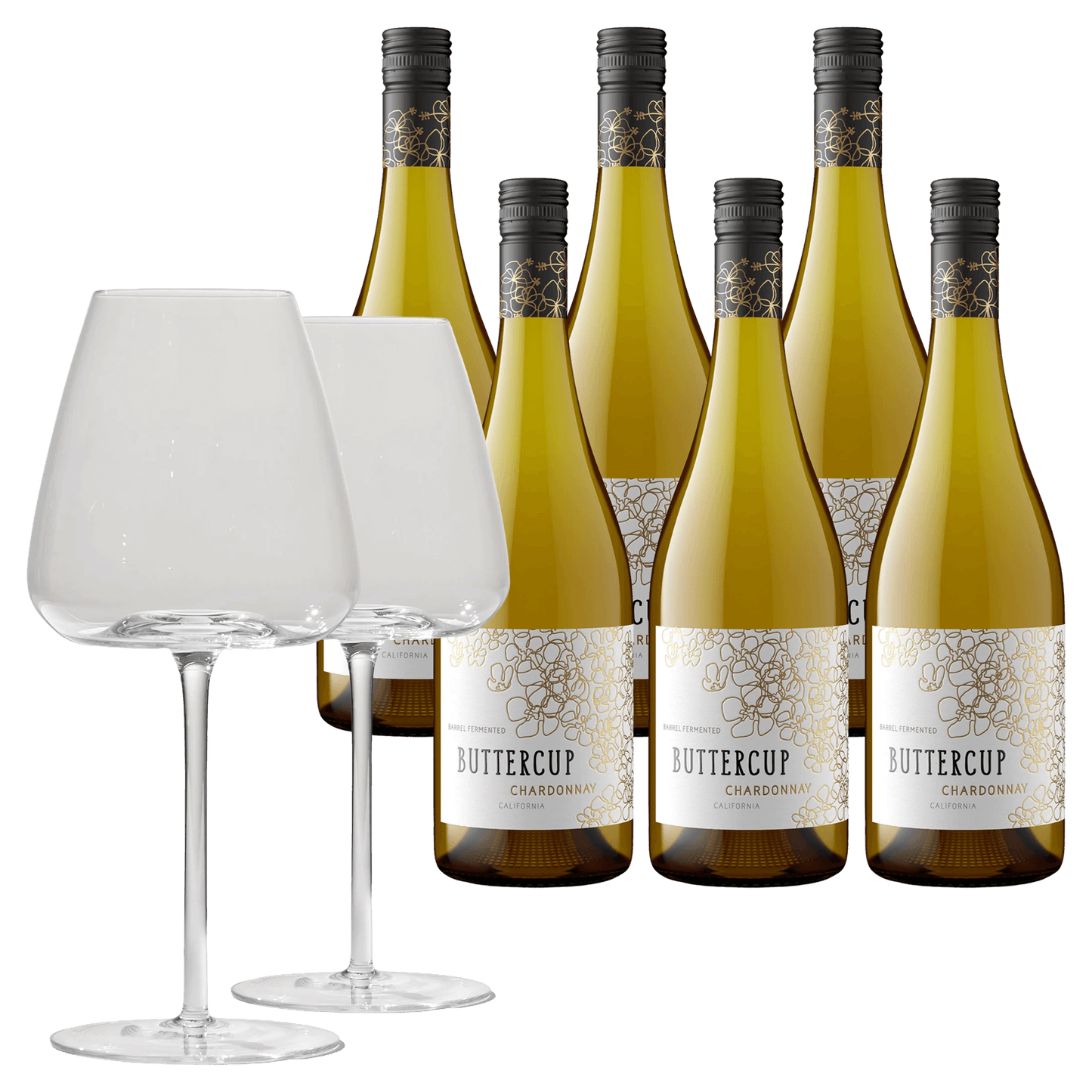 6 fl. Buttercup 2024 + 2x Brilliant Blanco Glas