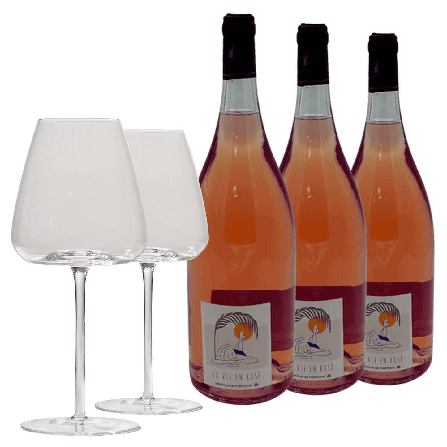3 fl. La Vie en Rosé Magnum (1,5 L) + 2 stk. Brilliant Blanco Glas