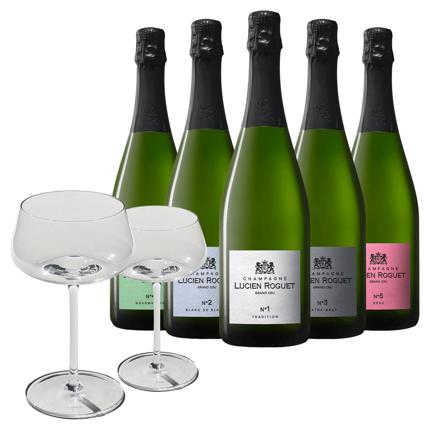 5 fl. Lucien Roguet Champagne + 2 stk. Beyond Bubbly Coupe Glas