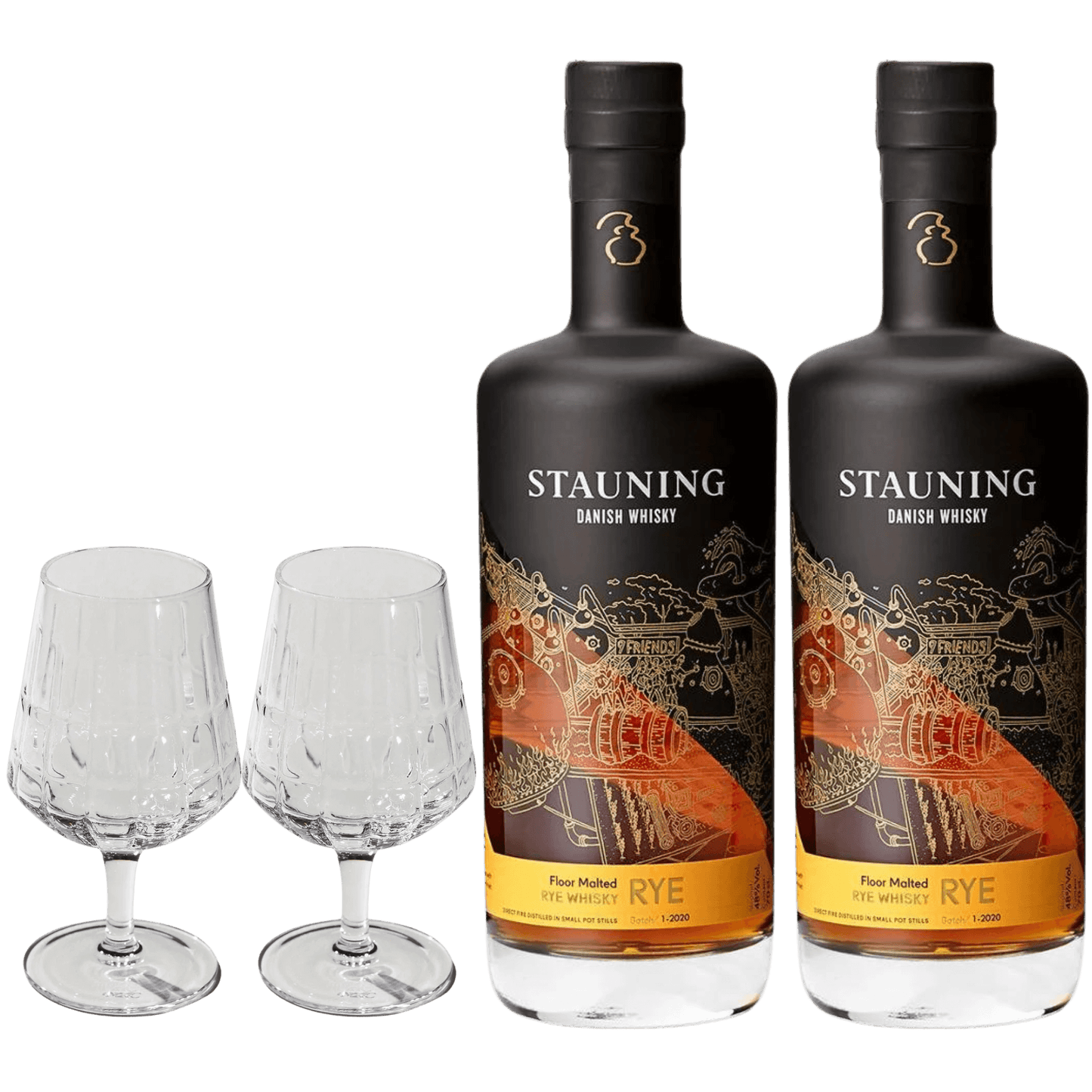 2 flasker Stauning Rye + 2 The Bullet Whiskyglas fra The Mancave