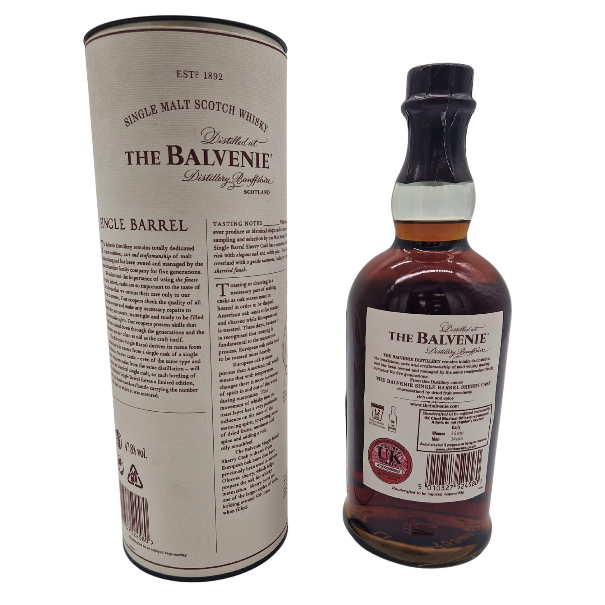 Balvenie 15 Years Sherry Cask Single Malt Whisky Flaske og Rør Bagside