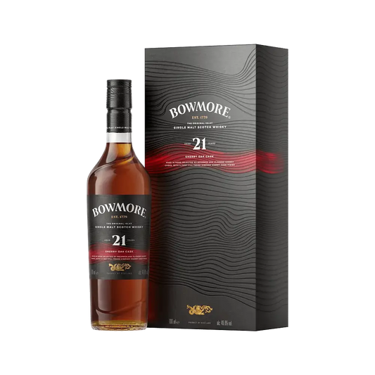 Oplev Bowmore 21 Years lagret på sherryfade Flaske og Boks