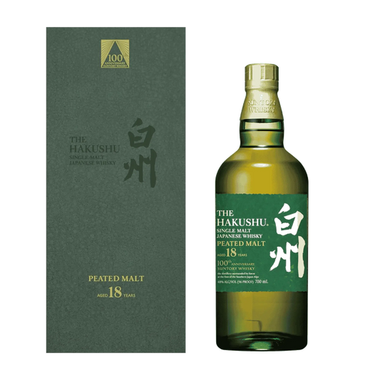 Oplev Hakushu 18 Years Old 100th Anniversary Edition – en eksklusiv japansk peated malt whisky med friske citrusnoter, delikat røg og lang finish. En sjælden samlerflaske for whiskyelskere.