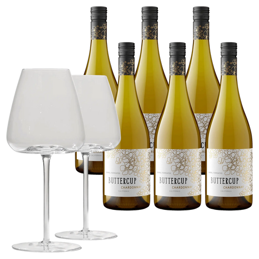 6 fl. Buttercup 2024 + 2x Brilliant Blanco Glas