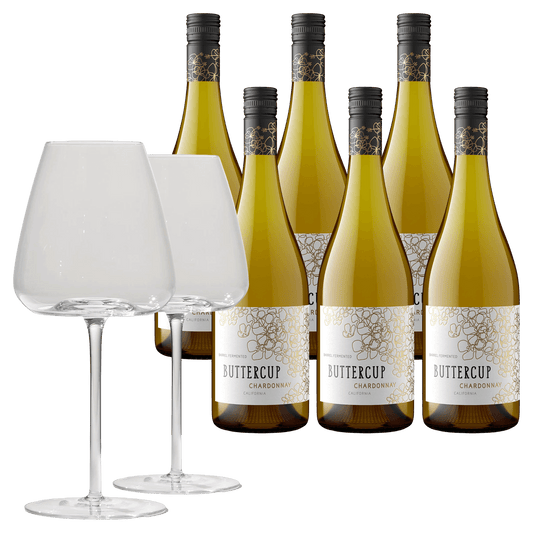 6 fl. Buttercup 2024 + 2x Brilliant Blanco Glas