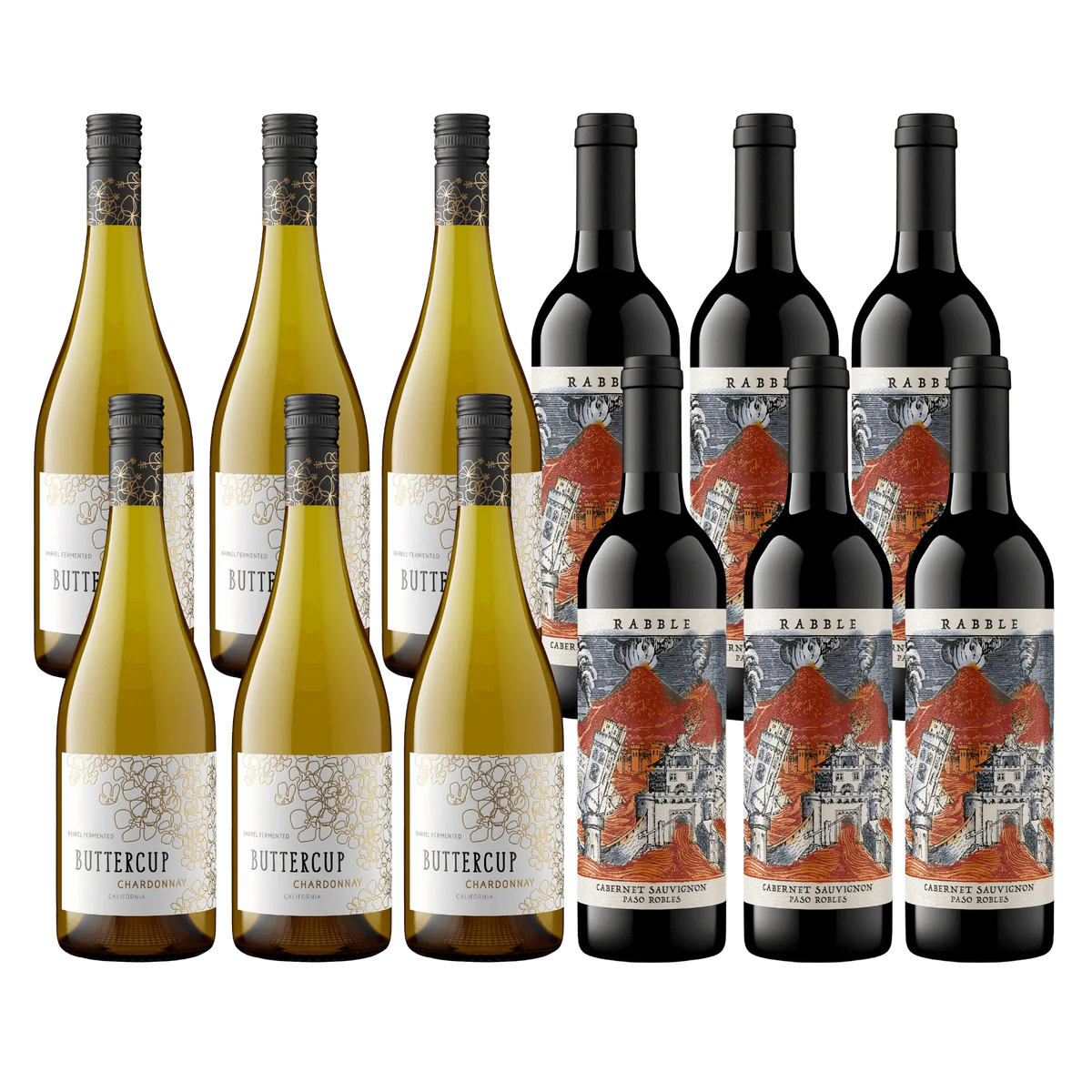 6 Buttercup Chardonnay Hvidvin & 6 Rabble 2023 Cabernet Sauvignon Whiskystack