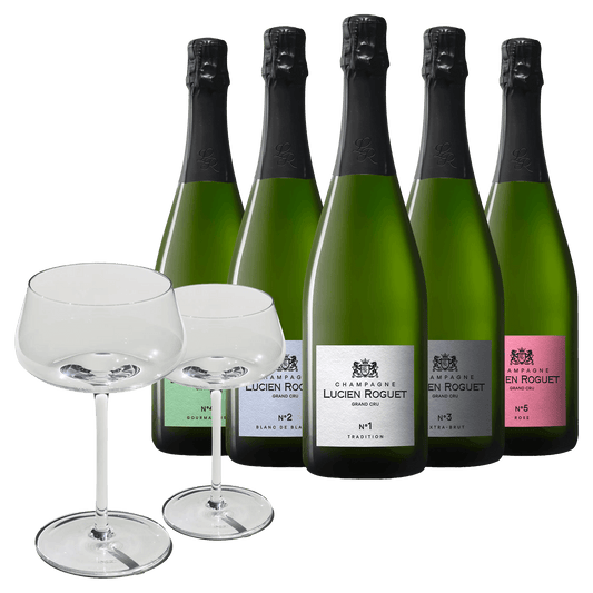 5 fl. Lucien Roguet Champagne + 2 stk. Beyond Bubbly Coupe Glas