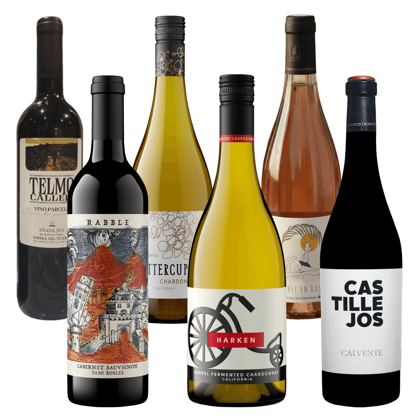 Smagspakke med La Vie en Rosé, Rabble Cabernet, Buttercup Chardonnay, Telmo Calleja, Harken & Castillejos på Whiskystack