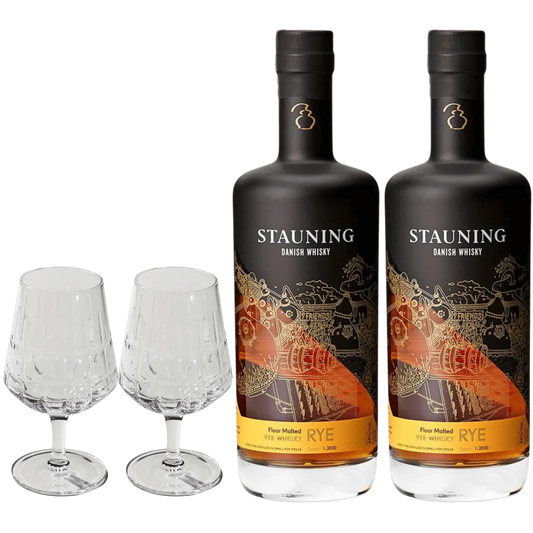 2 flasker Stauning Rye + 2 The Bullet Whiskyglas fra The Mancave