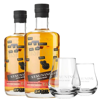 2 fl. Stauning KAOS Design Edition + 2 stk. Stauning Whiskyglas