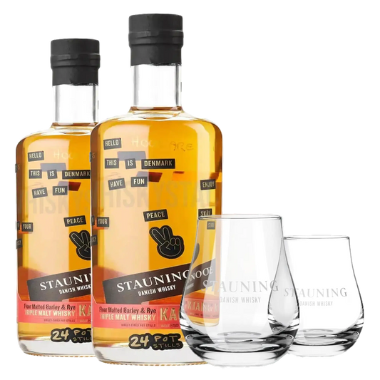2 fl. Stauning KAOS Design Edition + 2 stk. Stauning Whiskyglas