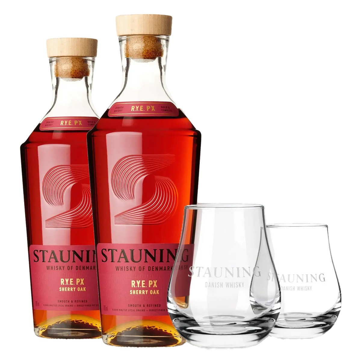 2 flasker Stauning RYE PX + 2 stk. GRATIS Stauning Whiskyglas
