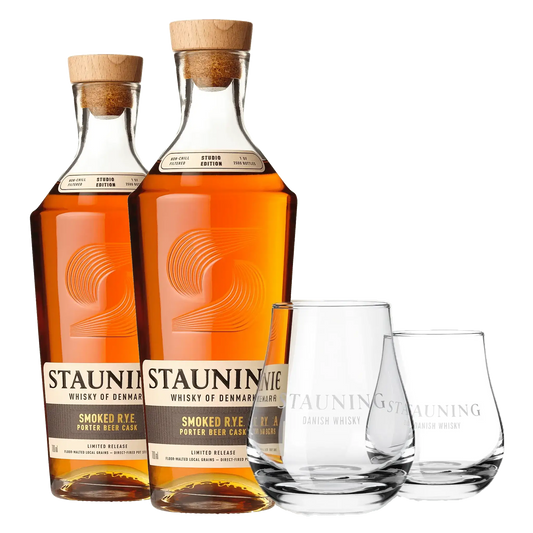 2 fl. Stauning Smoked R.Y.E. Porter Beer Cask + 2 stk. Stauning Whiskyglas